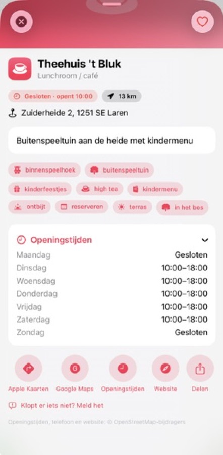 Place detail page with facilities and opening hours