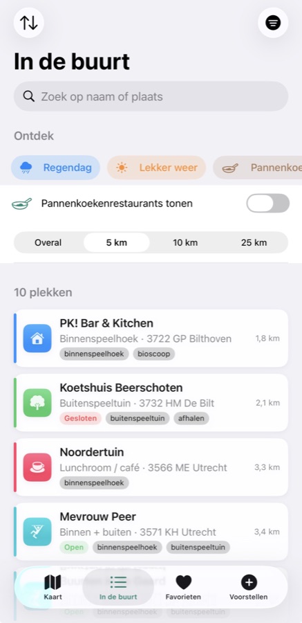Nearby child-friendly places sorted by distance